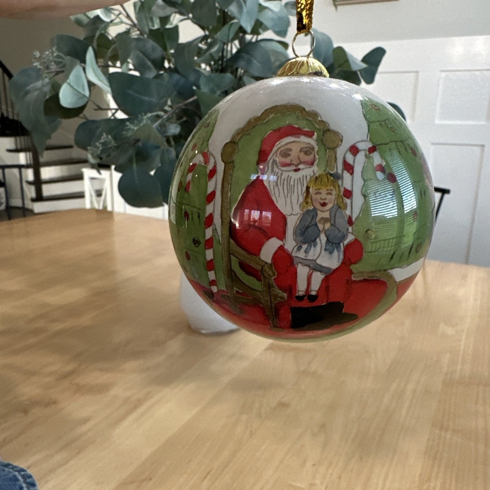 Li Bien 1998 Talking With Santa Reverse Hand Painted Glass Christmas Ornament